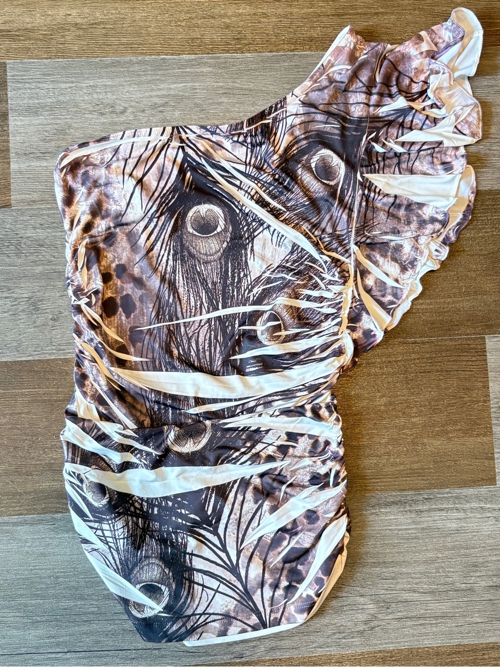 a'gaci One-Shoulder Camisole with Peacock Feather Print - Taupe, Black, White